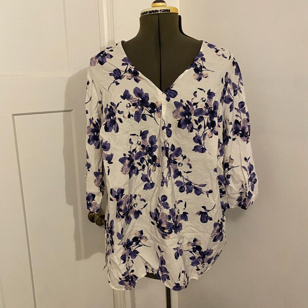 J. Jill XL Petite White Purple Floral Lightweight Rayon Nylon Spring Blouse